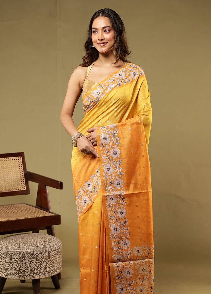 Yellow Dupion Silk Saree With Blouse Piece