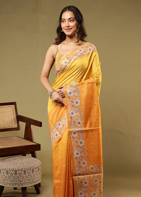 Yellow Dupion Silk Saree With Blouse Piece