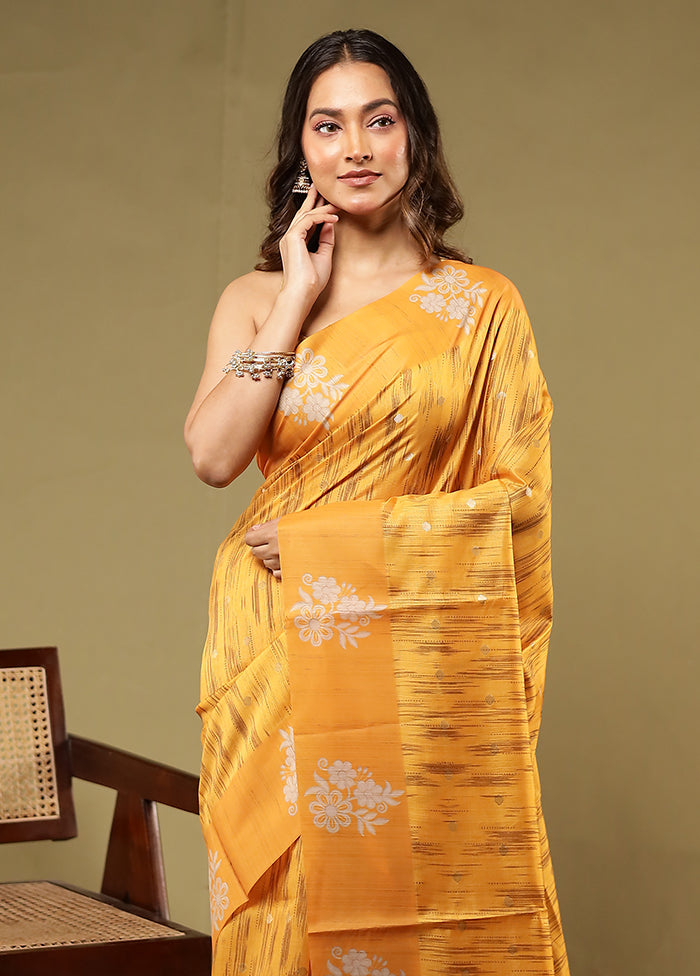 Yellow Dupion Silk Saree With Blouse Piece