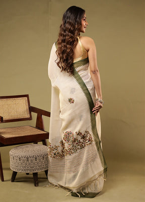 Cream Linen Silk Saree With Blouse Piece