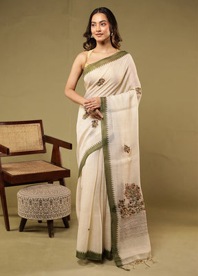 Cream Linen Silk Saree With Blouse Piece