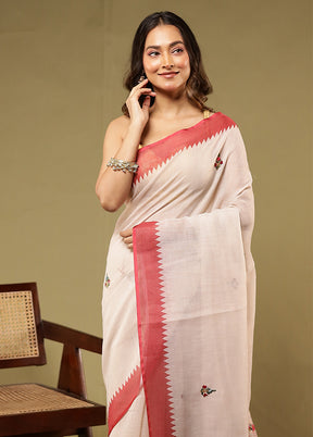Cream Linen Silk Saree With Blouse Piece
