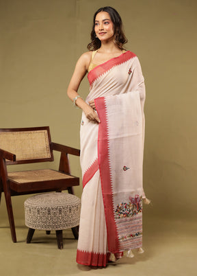 Cream Linen Silk Saree With Blouse Piece