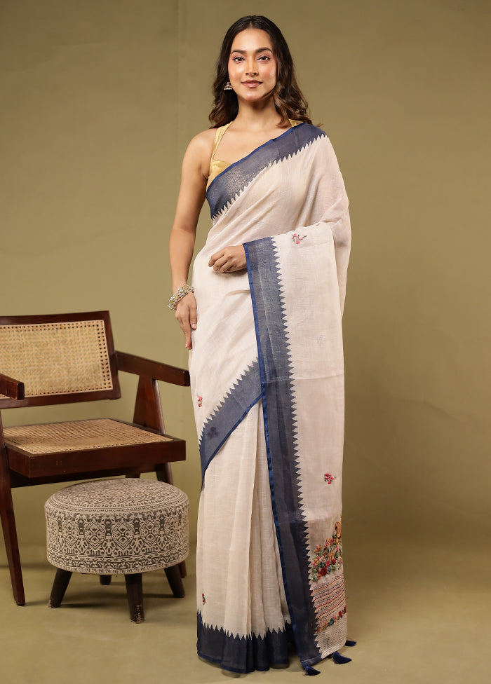 Cream Linen Silk Saree With Blouse Piece