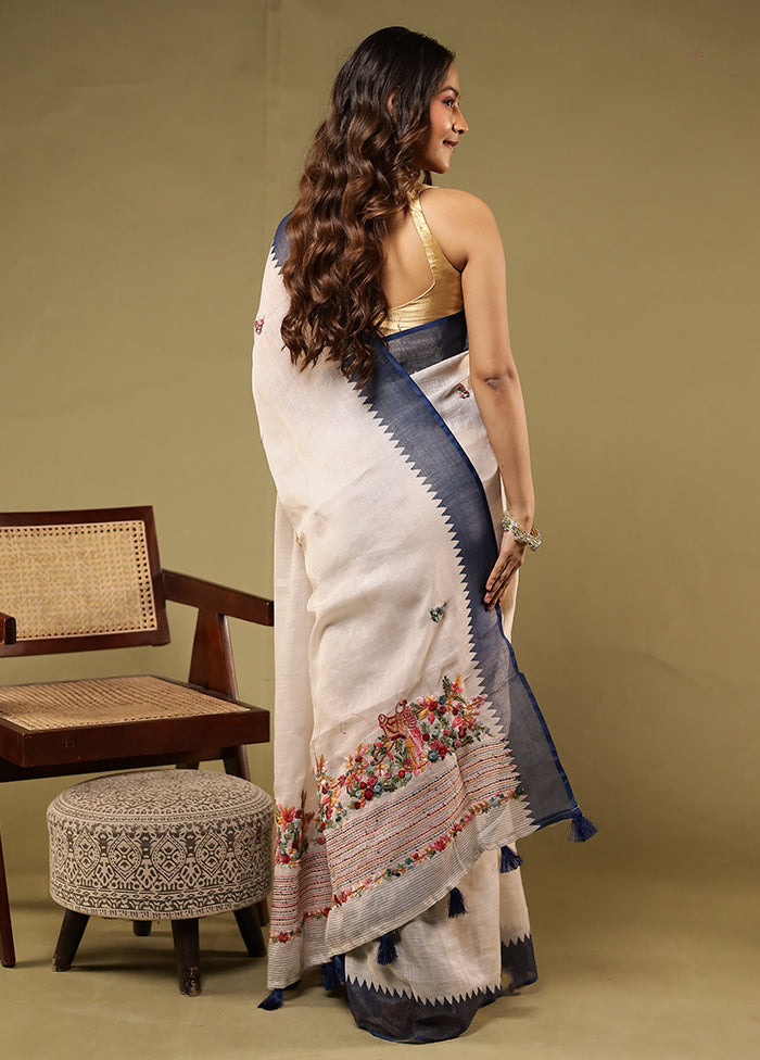 Cream Linen Silk Saree With Blouse Piece