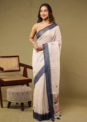 Cream Linen Silk Saree With Blouse Piece