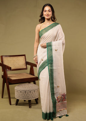 Cream Linen Silk Saree With Blouse Piece