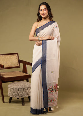 Cream Linen Silk Saree With Blouse Piece