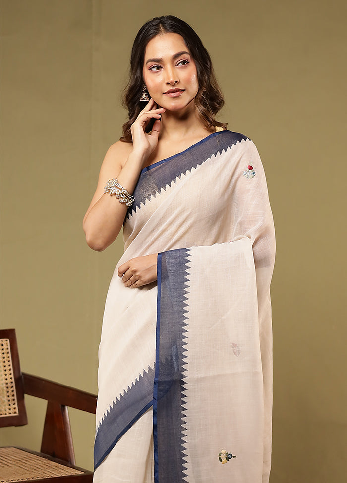 Cream Linen Silk Saree With Blouse Piece