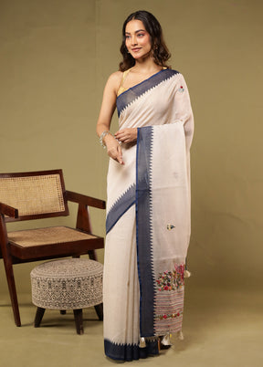 Cream Linen Silk Saree With Blouse Piece