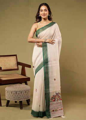 Cream Linen Silk Saree With Blouse Piece