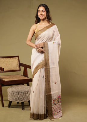 Cream Linen Silk Saree With Blouse Piece