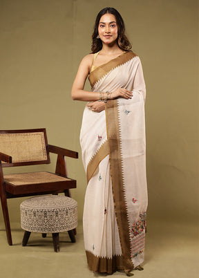 Cream Linen Silk Saree With Blouse Piece