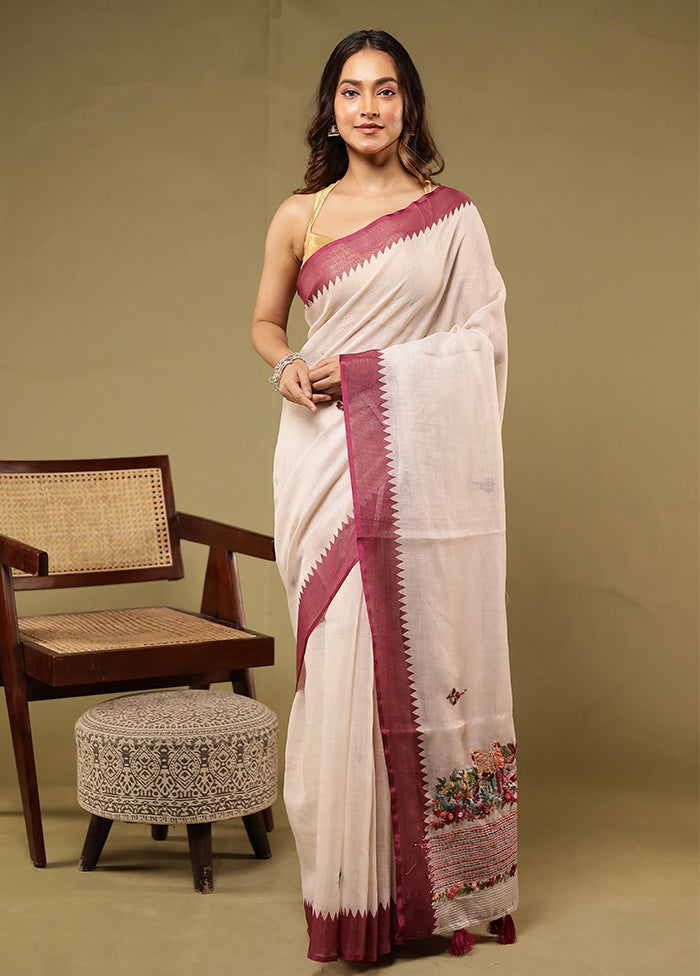 Cream Linen Silk Saree With Blouse Piece
