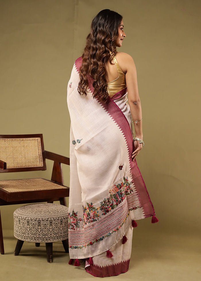 Cream Linen Silk Saree With Blouse Piece