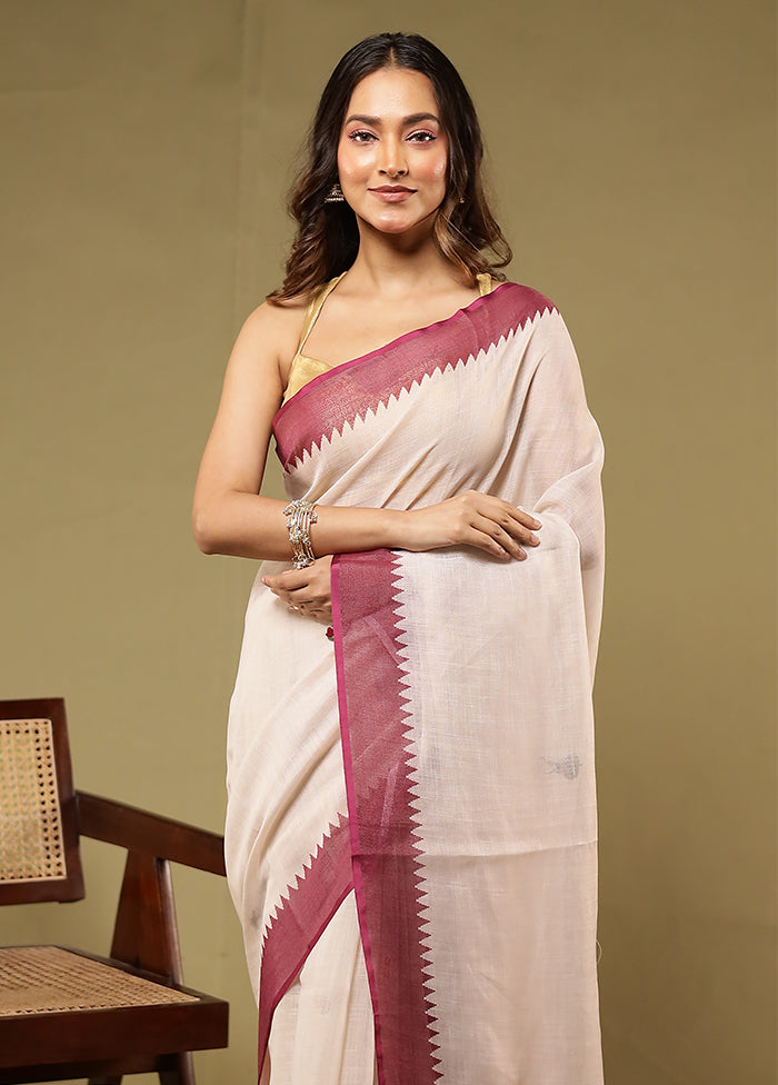 Cream Linen Silk Saree With Blouse Piece