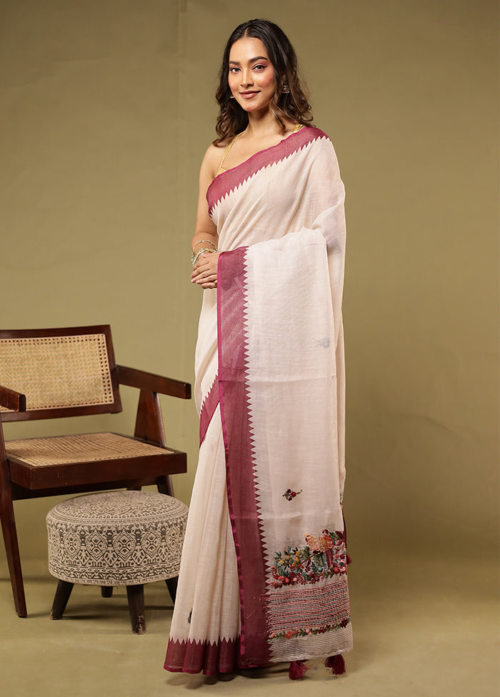 Cream Linen Silk Saree With Blouse Piece