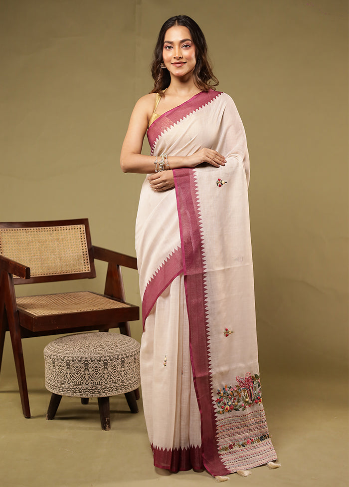 Cream Linen Silk Saree With Blouse Piece