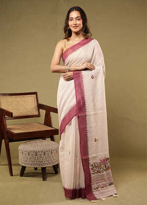 Cream Linen Silk Saree With Blouse Piece