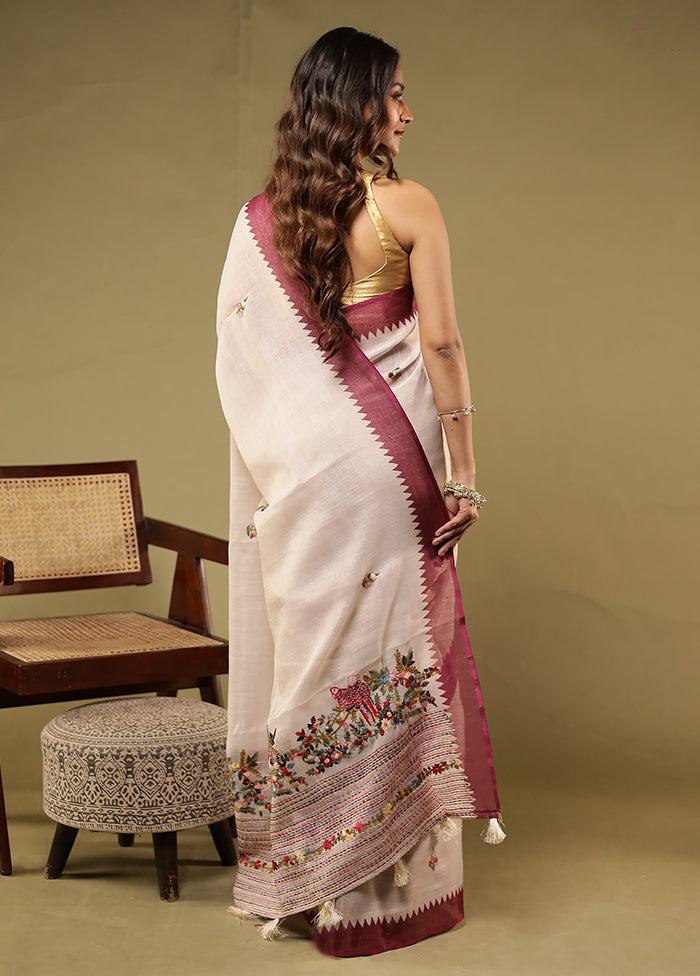Cream Linen Silk Saree With Blouse Piece