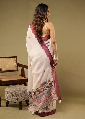 Cream Linen Silk Saree With Blouse Piece
