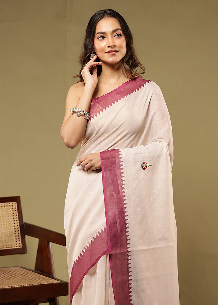 Cream Linen Silk Saree With Blouse Piece