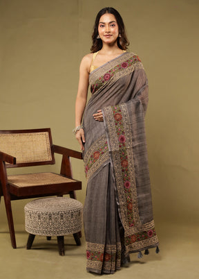Grey Linen Silk Saree With Blouse Piece