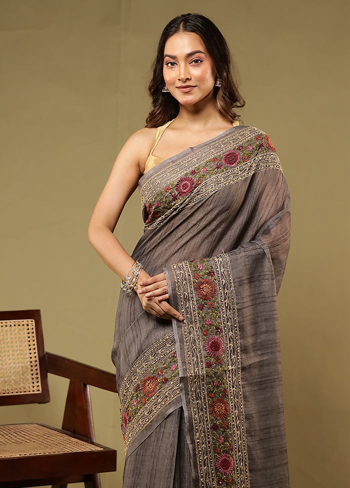 Grey Linen Silk Saree With Blouse Piece
