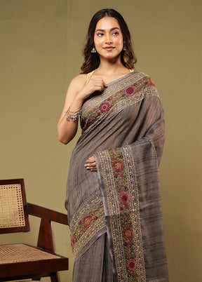 Grey Linen Silk Saree With Blouse Piece