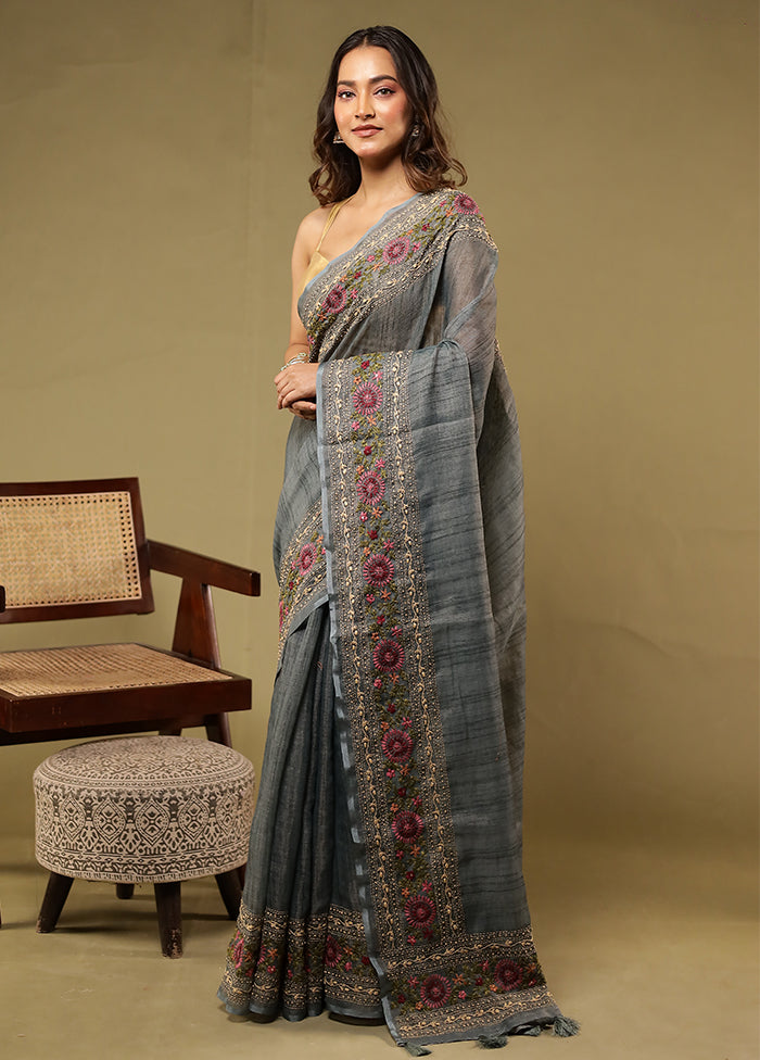 Grey Linen Silk Saree With Blouse Piece