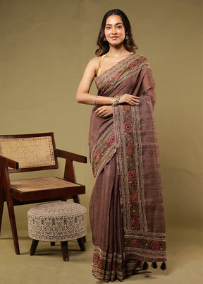 Brown Linen Silk Saree With Blouse Piece