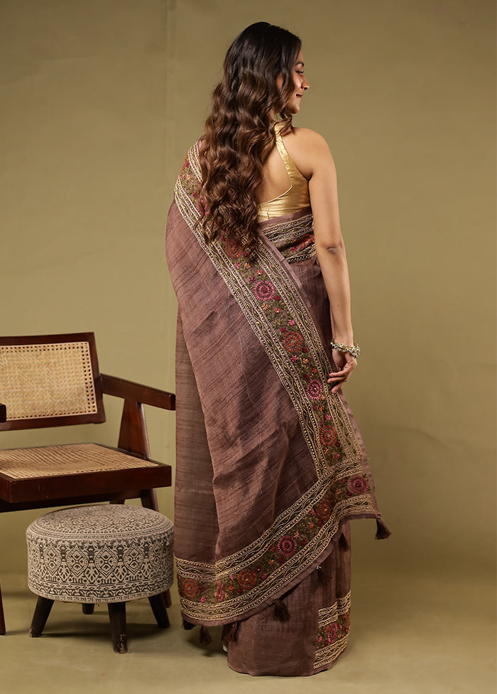 Brown Linen Silk Saree With Blouse Piece