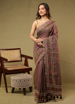 Brown Linen Silk Saree With Blouse Piece