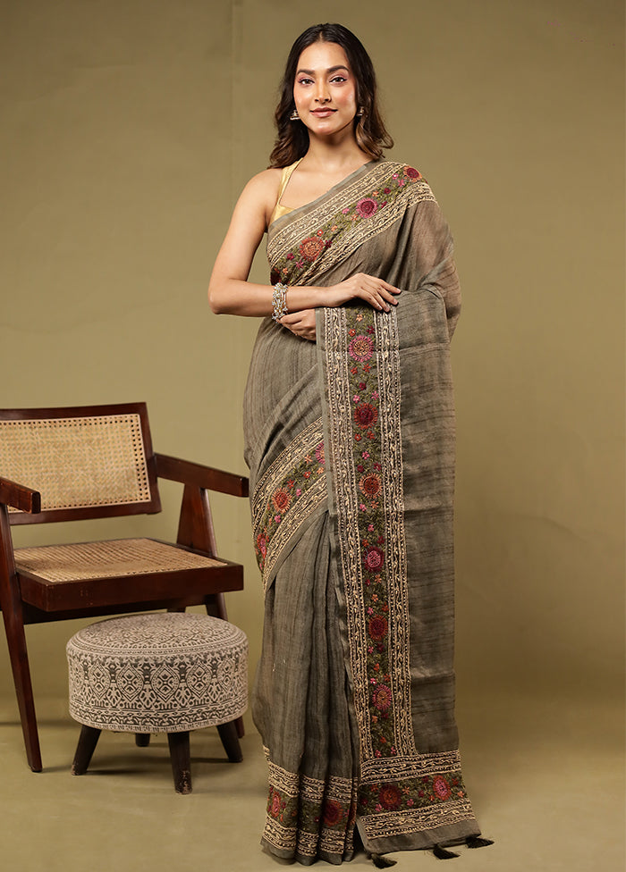 Green Linen Silk Saree With Blouse Piece