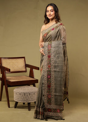 Green Linen Silk Saree With Blouse Piece
