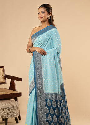 Blue Dupion Silk Saree With Blouse Piece