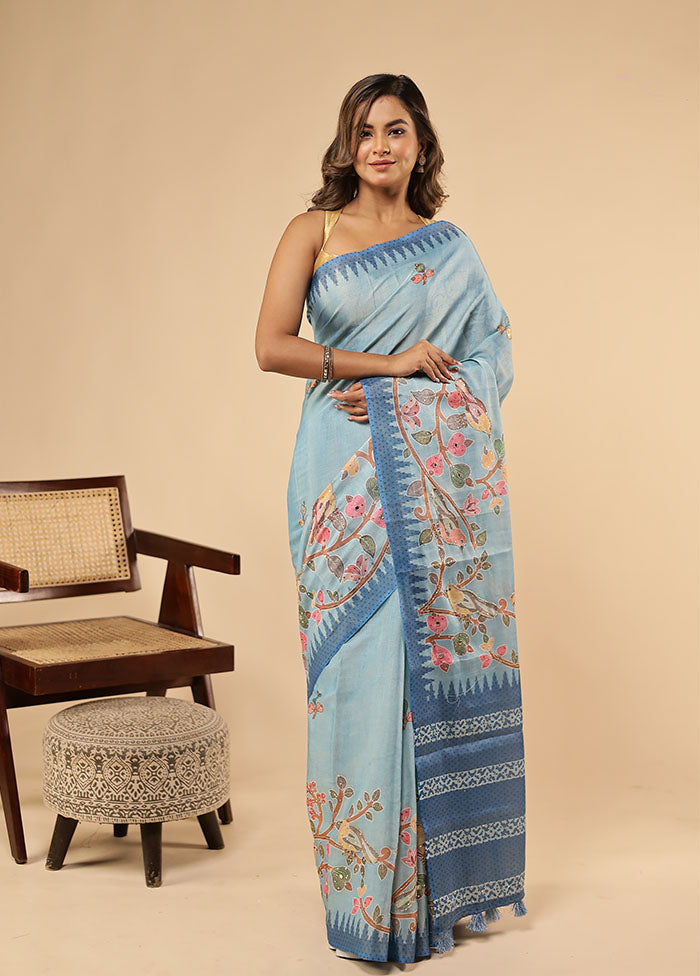 Blue Linen Silk Saree With Blouse Piece