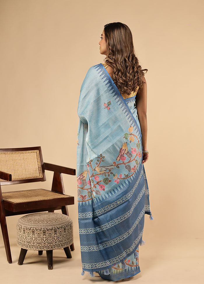 Blue Linen Silk Saree With Blouse Piece