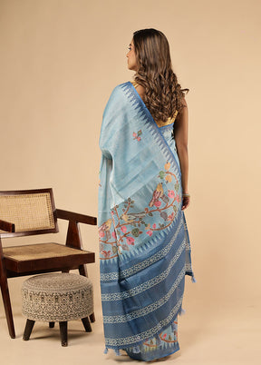 Blue Linen Silk Saree With Blouse Piece