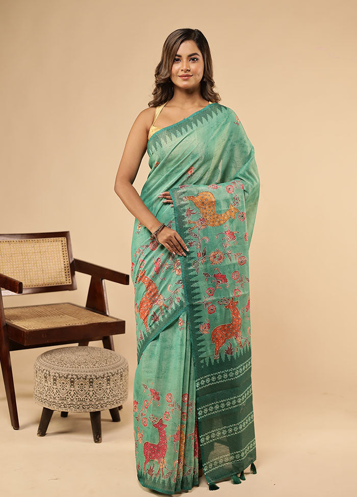 Green Linen Silk Saree With Blouse Piece