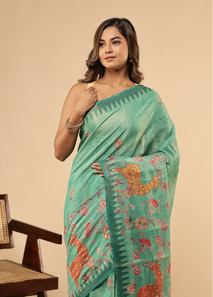 Green Linen Silk Saree With Blouse Piece