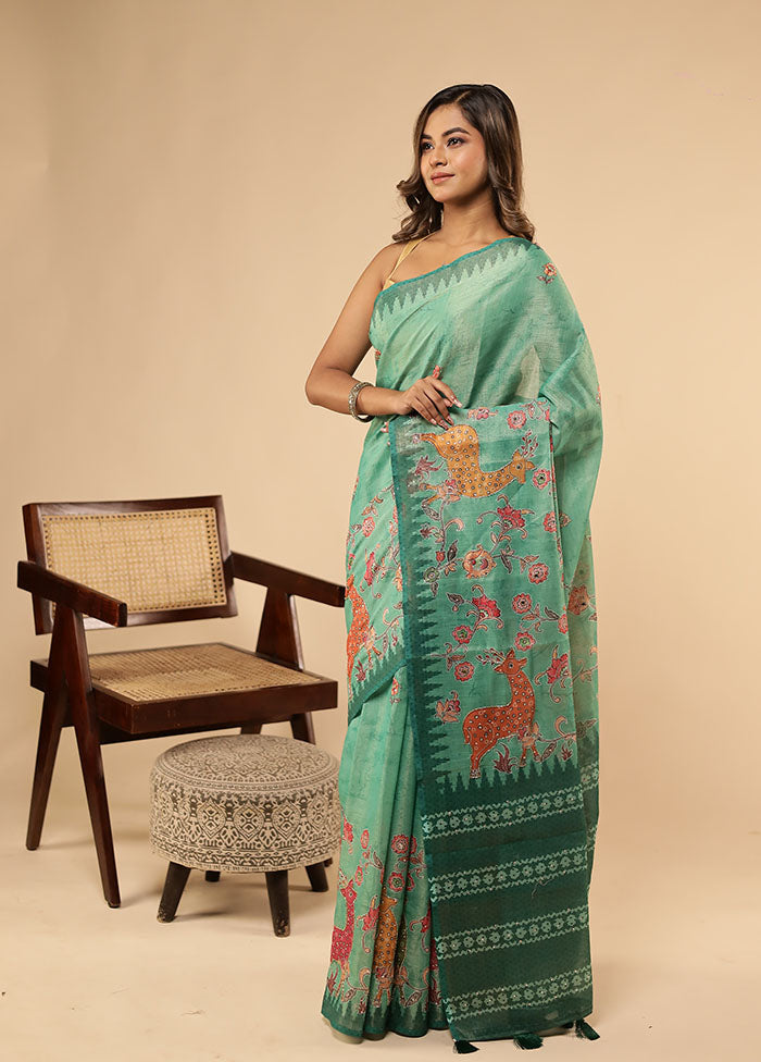 Green Linen Silk Saree With Blouse Piece