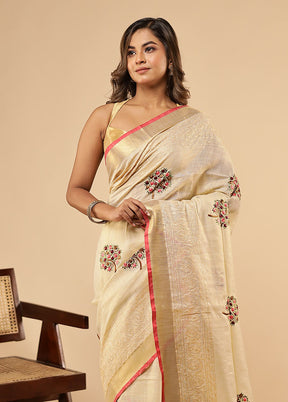 Cream Linen Silk Saree With Blouse Piece