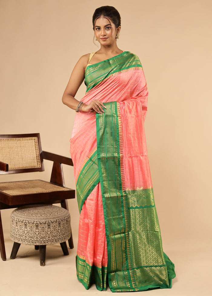 Pink Handloom Kanjivaram Pure Silk Saree With Blouse Piece