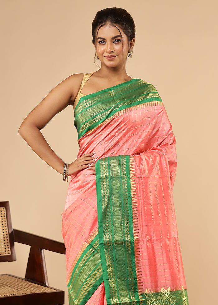 Pink Handloom Kanjivaram Pure Silk Saree With Blouse Piece