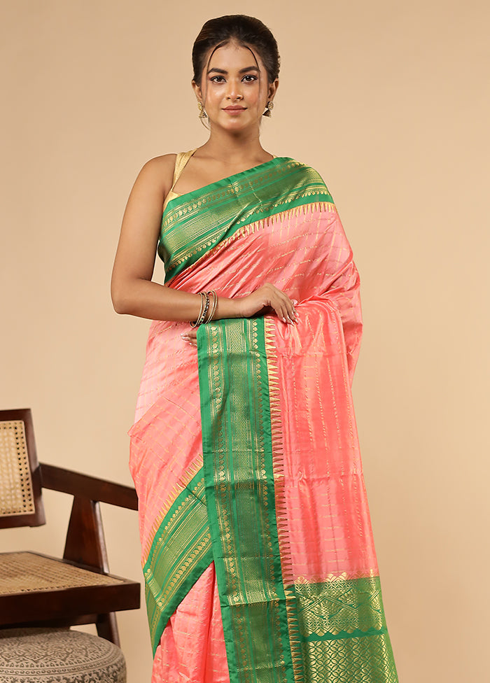 Pink Handloom Kanjivaram Pure Silk Saree With Blouse Piece
