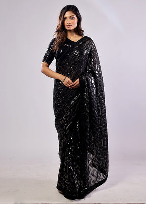 Black Handloom Pure Georgette Saree With Blouse Piece