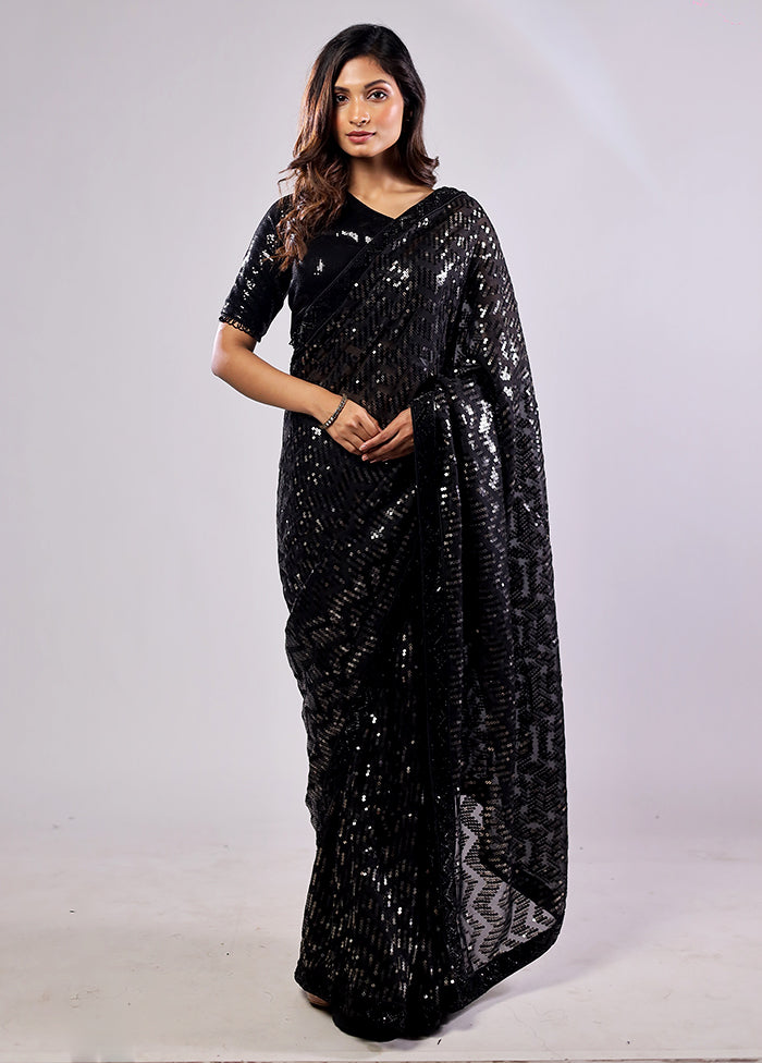 Black Handloom Pure Georgette Saree With Blouse Piece