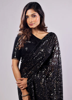Black Handloom Pure Georgette Saree With Blouse Piece