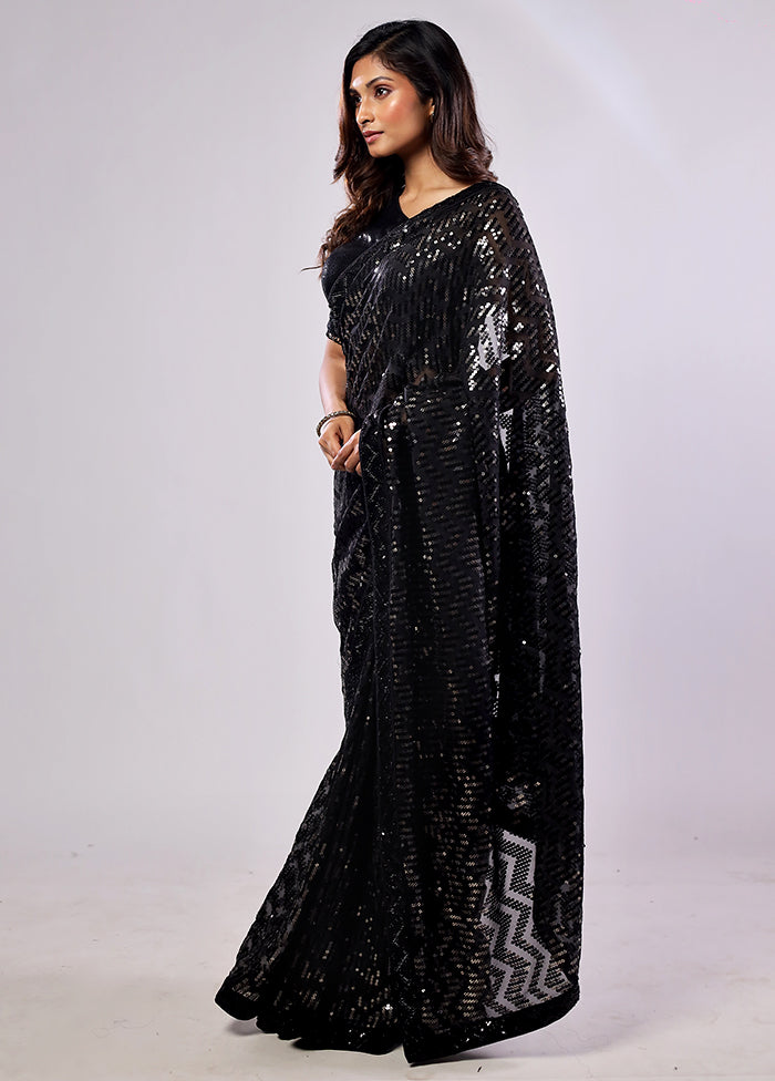 Black Handloom Pure Georgette Saree With Blouse Piece
